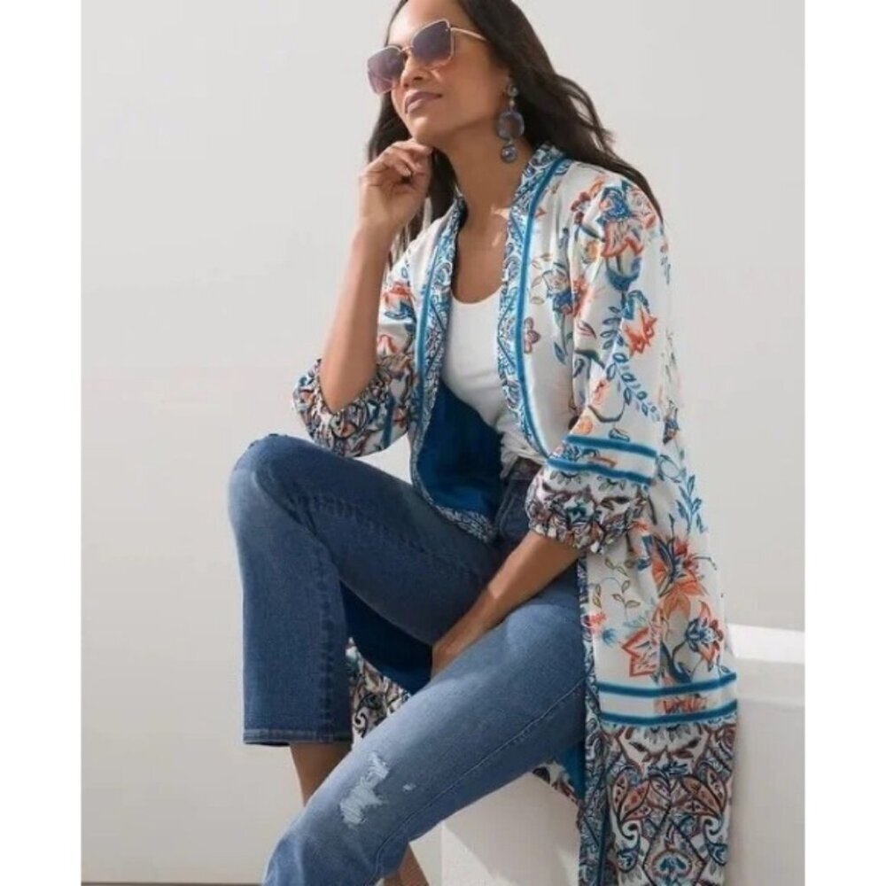 CHICO'S Patched Kimono Rising Bloom Long Sleeve Jacket Ecru Floral Print Medium